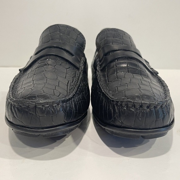 Bacco Bucci Mens Sz 8 Slip-On Black Croc Print Leather Driving Mocs Penny Loafer - Picture 2 of 12